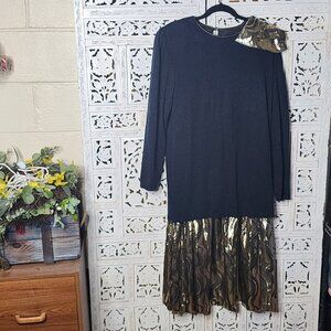 Anthony Sicari Black w/Gold Lemai Poly Dress and Matching Gold Bow Sweater Sz 14
